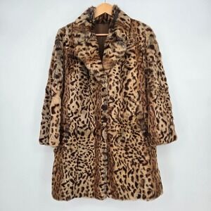 Leopard Print Genuine Rabbit Fur Coat Women's L-XL Elegant Glamorous